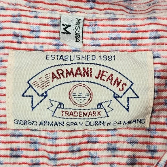 Armani Jeans Shirt Mens Medium Red Striped Linen Blend Short Sleeve Button Up - Picture 5 of 11